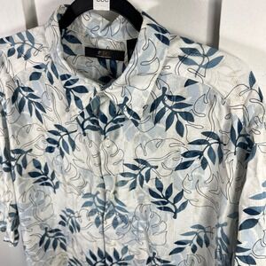 Ratio Claiborne Mens XL Short Sleeve Button Down Tropical Leaf Rayon Shirt Blue